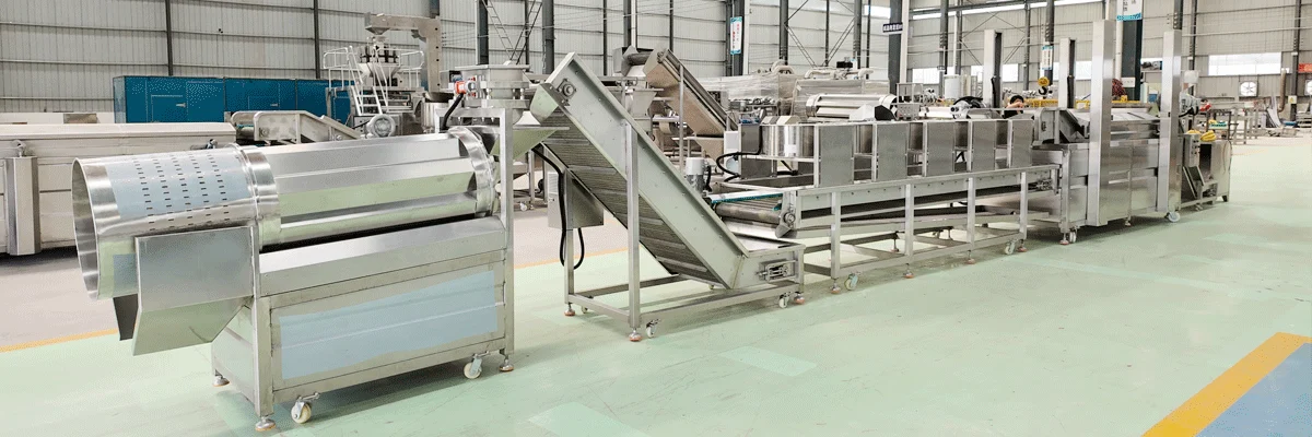 Banana chips frying and seasoning line assembled in the factory workshop