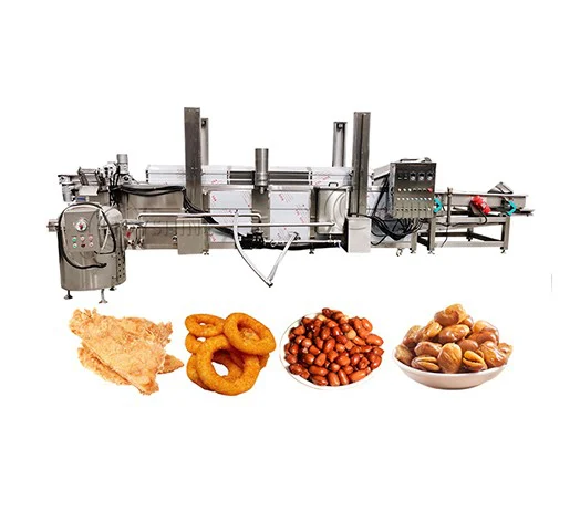Industrial continuous frying machine with conveyor and controls
