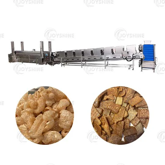 Industrial pork rind frying line with continuous fryer and conveying equipment