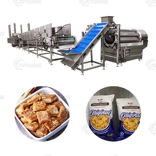 Pork rind frying line with blue feeding conveyor and continuous fryer