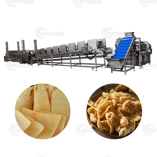Continuous pork rind frying equipment arranged as a production line